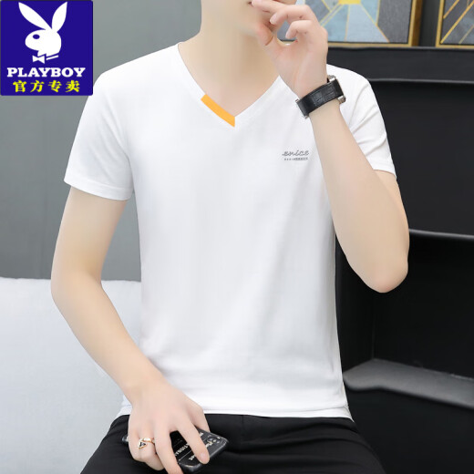 花花公子（PLAYBOY）夏季新款男士纯棉V领半袖T恤潮流休闲小字母印花鸡心领短袖体恤衫 691 白色 L 100-120斤
