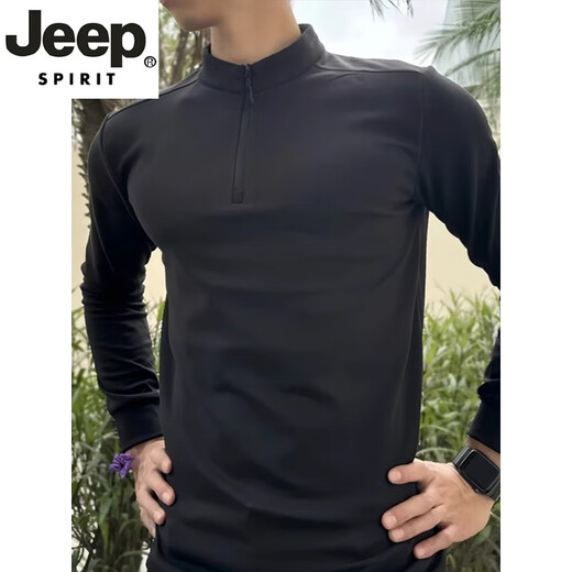 JEEP SPIRIT Men's German Velvet Bottoming Shirt Slim Fit Half-Zip Mid-High Collar T-Shirt Long Sleeve Black Inner Sports Sweatshirt New Product Black M (Suitable) 100-115Jin Jin is equal to 0.5 kg