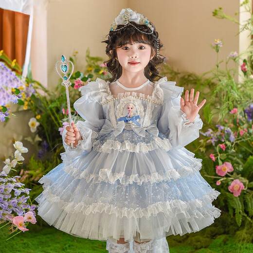 Anneyol Original Girls Spring Elsa Princess Dress 2025 New Spring and Autumn Lolita Mesh Puff Skirt Elsa Dress Blue 110