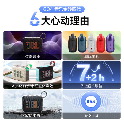 JBLGO4 音乐金砖四代 电脑音响 便携式蓝牙音箱  低音炮防水户外露营 迷你骑行音响 礼物 【重磅上新升级款】GO4黑 蓝牙音箱