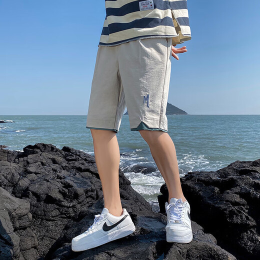 Trendy Ice Silk Shorts Men's Summer Thin Outer Wear Quick-Drying Casual Pants Men's Five Points Trendy Beach Basketball Sports High Quality Cool Running Style BSL108 Haze Blue XL Recommended Weight 115-125 Jin Jin is equal to 0.5 kg Can be worn
