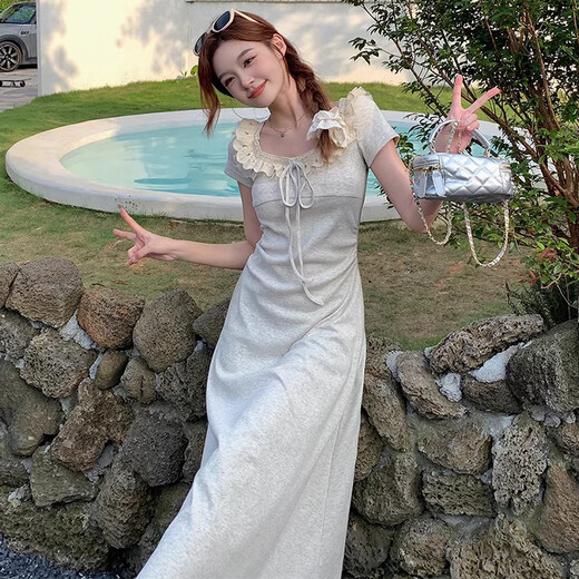 GOCHIEI summer niche design lady style lace splicing lace versatile waist short sleeve square collar temperament mid-length skirt lace-up mid-length skirt M recommended 90-105 Jin Jin equals 0.5 kg