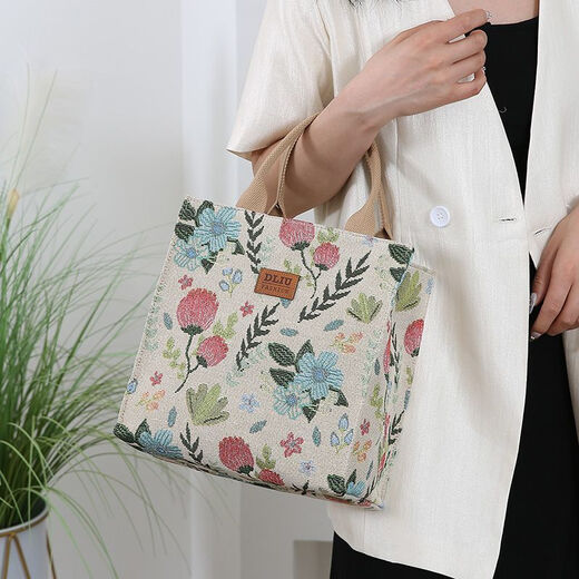 途尊上班新款带饭盒袋子加厚外出午餐手提包帆布妈咪便携小拎包高颜值 米白色花朵 升级款式背面有拉链口袋