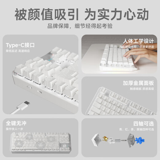 前行者TK870三模无线机械键盘鼠标套装有线蓝牙侧刻等高线3.0高颜值办公游戏电竞电脑笔记本平板iPad通用 白色等高线pro3.0【87键-白光】有线 红轴【轻声舒适】