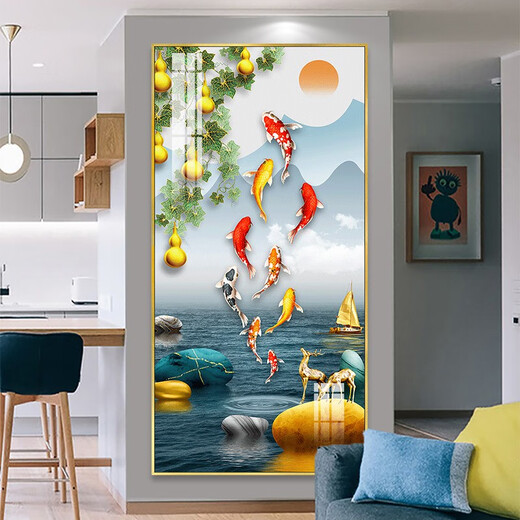 新中式玄关背景墙装饰画感晶瓷壁画九鱼图过道走廊竖版单幅画 TXMG11158 70*140墙宽90-100cm高雅黑铝合
