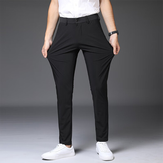 JIANGONG International Brand Luxury 2025 Ice Silk Casual Trousers Men's Spring and Summer Thin Men's Pants Quick-drying Free-Soled Elastic Slim and Small High-end 1098-Black Nine-point (Spot Speed) 28
