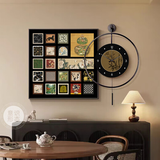 Middle style Bailian Restaurant Decorative Painting LED Lights with Clocks and Watches Mural Retro Dinner Table Background Wall Painting K12806+PB57 e50*50cm Painting +50*50cm Wall Clock with Pendulum [