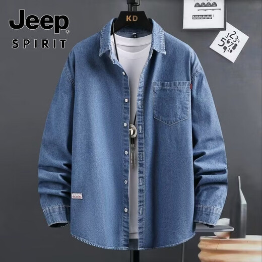 Jeep Spirit American High-High-Ald Spring y Autumn Men's Camiseta de manga larga Camisa de mezclilla de algodón puro Base informal Versátiles suelto NS-1105 Light Blue M