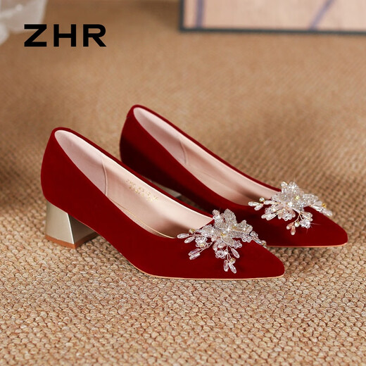 ZHR SOLO SOLO PARA MUJER SUDERA CHINA XIUHE Zapatos de boda Temperamento para la novia para mujeres Tacón grueso zapatos de mujer K312 Rojo 38