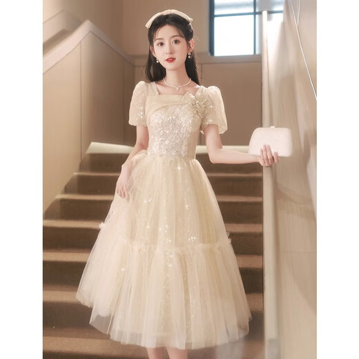 Zhufan high school student adult dress female champagne color evening dress light luxury niche high-end 2025 new host art test style A mid-length XS