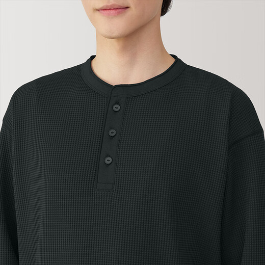 MUJI Men's UV Protection Waffle Henry Collar Long Sleeve T-Shirt Men's Bottoming Shirt Men's Spring Black XL (180/104A)