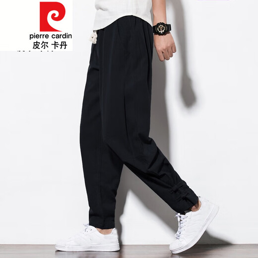 皮尔卡丹 中国风亚麻男裤子春夏季宽松大码男装唐装棉麻哈伦裤束脚灯笼裤 酒红色 M