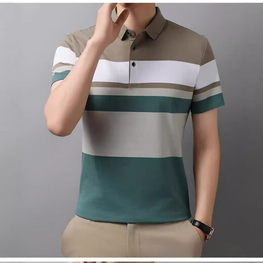恒源祥男士短袖t恤时尚撞色条纹夏季翻领polo.衫中青年棉质半袖体恤上衣 826粉色 M