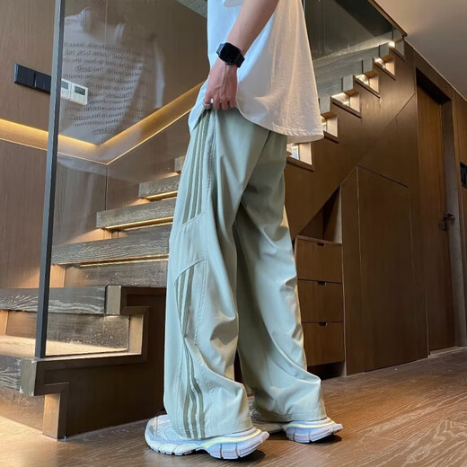 冰丝条纹裤子男夏季薄款潮流美式复古宽松三条杠直筒阔腿休闲裤 黑色X47 L