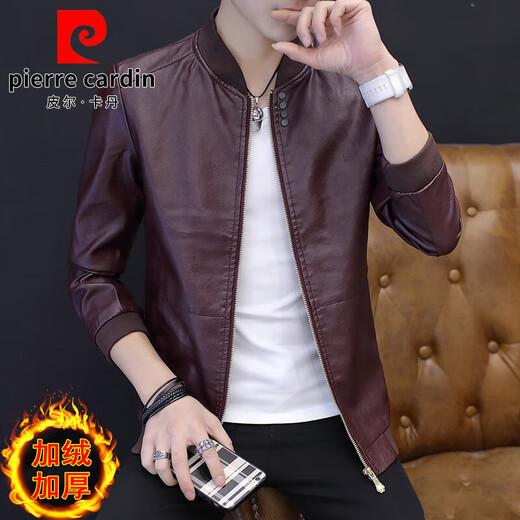 皮尔卡丹（pierre cardin）皮衣男士西装外套2025秋冬季新款潮流休闲西服帅气加绒潮牌皮夹克 酒红6625 加绒 L