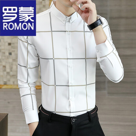 ROMON shirt men's spring and autumn high-end plaid casual long-sleeved thin high-end shirt business slim-fit trendy inch shirt 9922 khaki XL (120-135Jin[Jin equals 0.5 kg])