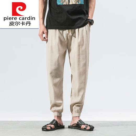 Pierre cardin 2025 summer Chinese style retro cotton linen men's casual pants for men's solid color plus fat loose linen small feet knitted gray M