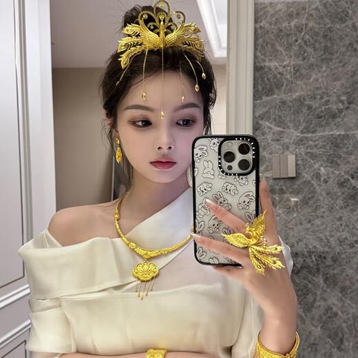 Best Qichang Gold Phoenix Ring Wedding Three Gold Hardware 999 Pure Gold Wedding Set Gift Wedding Set for Wife Gift Phoenix Ring About 32g