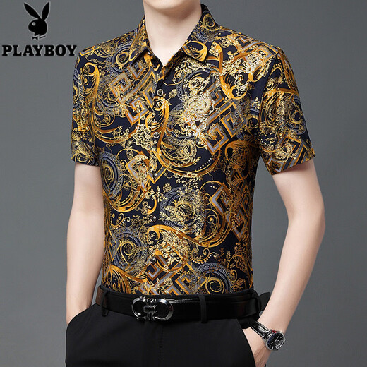 花花公子（PLAYBOY）夏季短袖花衬衫中年男士大码烫金龙虎图纹印花衬衣 829黑色 M 165【体重100--120】