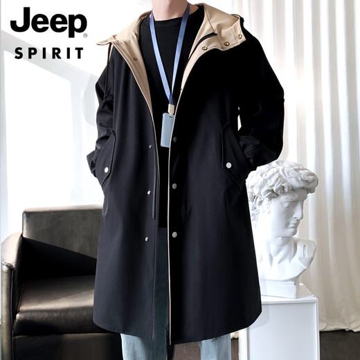 JEEP SPIRIT Men's Windbreaker Jacket Men's Spring and Autumn Mid-Length Coat Teenage Boys British Style Jacket Men's Black L 130-150Jin Jin is equal to 0.5 kg