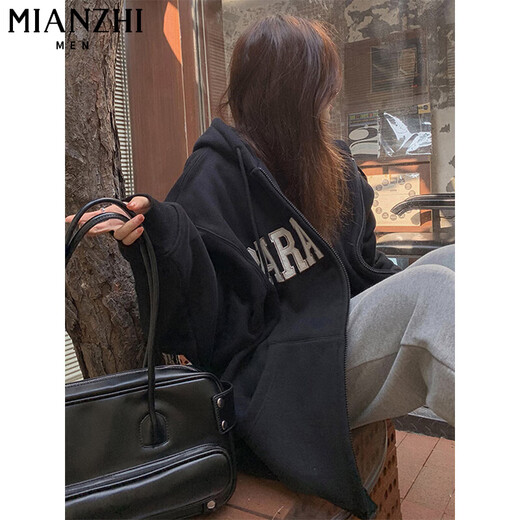 Cotton heavy hooded sweatshirt for women in spring, autumn and winter new American loose Korean style plus velvet Shandong Jimo cardigan jacket 844 white and gray [regular high quality 31.5] L 100-115 Jin [Jin equals 0.5 kg]
