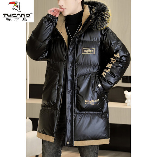 Woodpecker (TUCANO) mid-length shiny cotton coat for men 2025 new winter down jacket thickened jacket trendy overcoat black L recommended 100-120 Jin Jin equals 0.5 kg
