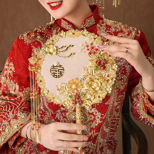 LISM新娘结婚礼扇子出嫁手捧花中式古风团扇秀禾服手工喜扇diy材料包 B款金凤成品 (+扇架礼盒六件套)