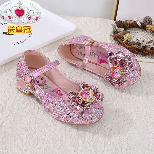 Ye Yu Girls' High Heels Spring and Autumn Elsa Frozen Princess Crystal Soft Sole Shoes Elsa Children's Leather Shoes Children's Shoes 810-3 High Heels Ice Blue Free Crown 30 Inner Length 18.5cm