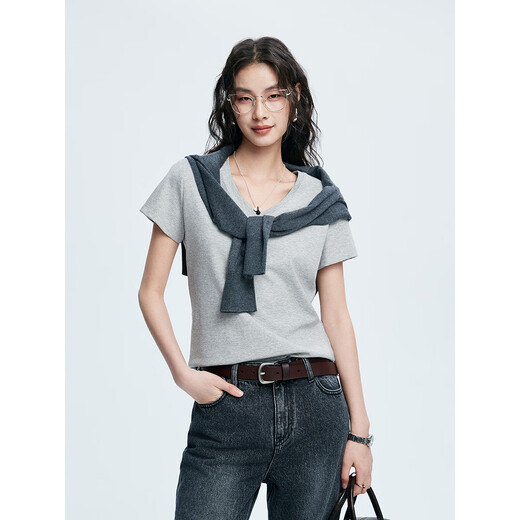 Virgin silk soft cotton simple V-neck right shoulder short-sleeved T sea salt blue S