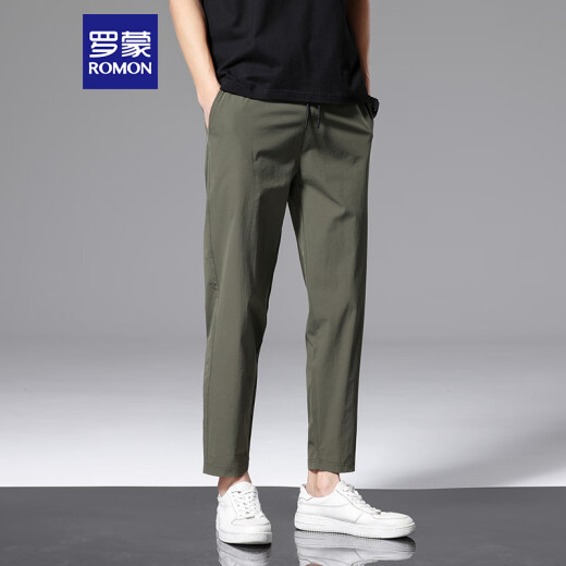 ROMON casual pants men's summer loose sports straight pants ice silk elastic nine-point pants men's clothing 718 military green M