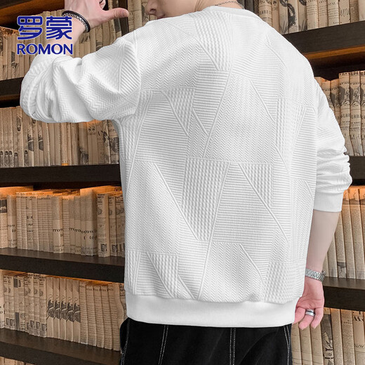 ROMON sweatshirt men's autumn and winter casual long-sleeved T-shirt men's loose tops men's bottoming shirt white L