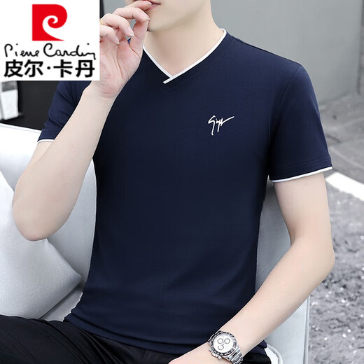 皮尔卡丹（pierre cardin）夏季男士短袖t恤v领纯棉半袖鸡心领体恤潮流修身上衣薄款男装 浅灰色 YD7029 M