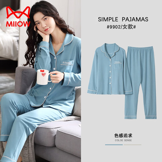 Catman (MiiOW) double-sided pure cotton pajamas for women in spring and autumn long-sleeved large-size cardigan for middle-aged and young ladies set solid color home clothing xt9904 royal blue pure/cotton 3XL (160-180Jin [Jin equals 0.5 kg])