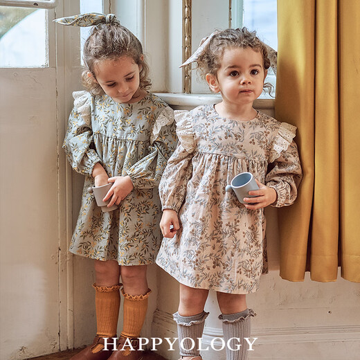 Happyology British children's new spring and summer children's clothing skirt retro long-sleeved embroidered lace girls' dress with vine walnut branches-blue gray 86 (86cm)