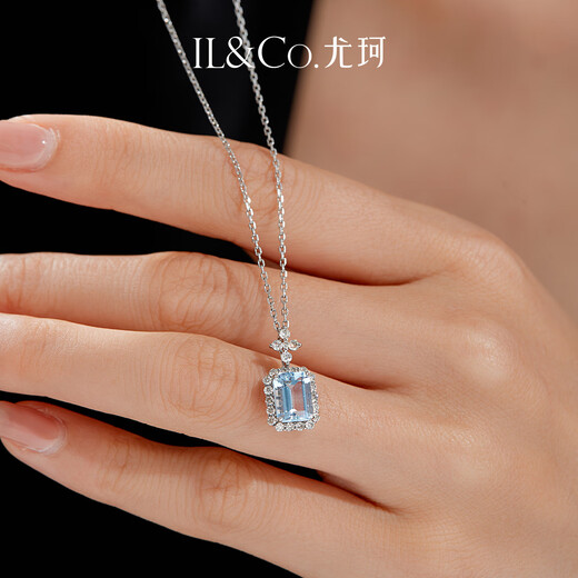 IL&CO Youke Necklace for Women White 18k Gold Natural Aquamarine Diamond Pendant Birthday and Valentine's Day Gift for Girlfriend and Wife 0.9 Carat Natural Aquamarine Pendant with Silver Chain