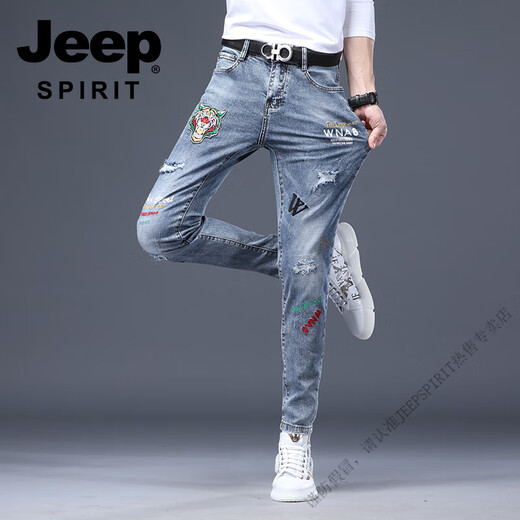 Jeep Spirit 2025 Spring and Automne New Ripped Print Jeans for Men Slim Straight-Leg Foot Foot Broidered Stretatile Stretch's Pants Men's Pantal
