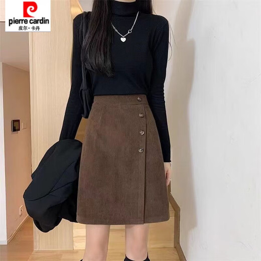 Pierre Cardin Large Size Corduroy Skirt Autumn and Winter Women's High Waist Irregular Mid Skirt Fat mm Slimming Belly Covering A-Line Skirt Short Skirt Brown M Recommended 90-100 Jin Jin equals 0.5 kg