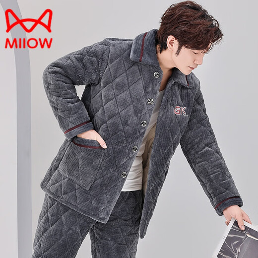 
Catman (MiiOW) pajamas for men in autumn and winter, three-layer thickened coral velvet cotton flannel warm home clothing set winter style C9901 black gray men [milk velvet] XL 3 layers x (125 145Jin [Jin equals 0.5 kg]) three-layer thickened