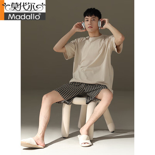 莫代尔男士睡衣夏季纯棉薄款圆领短袖青少年宽松休闲简约条纹短裤家居服 男款15838 L
