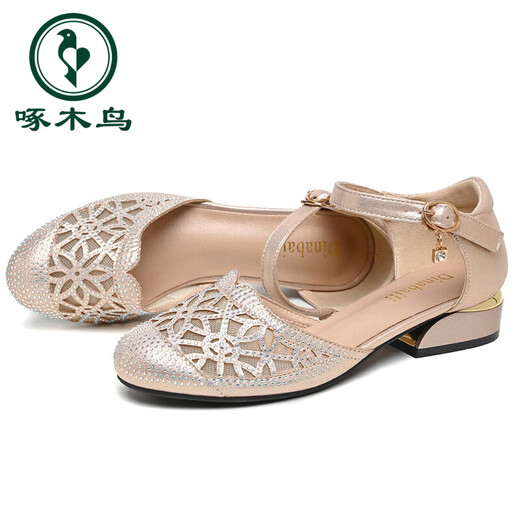 
Woodpecker leather middle-aged mother shoes breathable summer thick heel bag sandals for women flat sole hollow single shoes soft sole rhinestone women's shoes 699-8 champagne color 36
