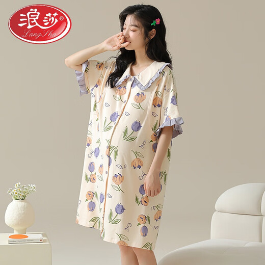 Langsha (Langsha) Pure Cotton Chest Pad Pad Pyjamas für schwangere Sommer-Frauen mit kurzärztem Strickjacken für die Geburt nach der Geburt zum Stillen von Nachthemd für postpartale Mutterschaft 7A-11981 M [Vorschlag 80-100jin [Jin gleich 0,5 kg]]]