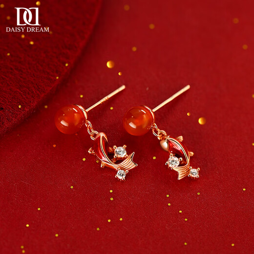 DAISY DREAM925 silver red agate koi earrings for women with pierced ears, zodiac year 2025 retro earrings, new year earrings, koi earrings S925 silver