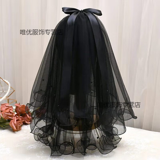 Zi Jiafu Proposal Veil Bridal Main Veil Black Veil Halloween Photo Short Retro Dark Korean Hairdress Photo Cos Black Hemming Style with Hair Comb About 77cm