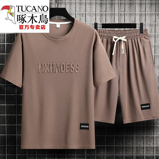 啄木鸟（TUCANO）男士夏季套装青少年短袖t恤薄款冰丝两件套休闲运动服五分短裤子 套装-TZ829军绿【上衣+裤子】 M 建议90-110斤