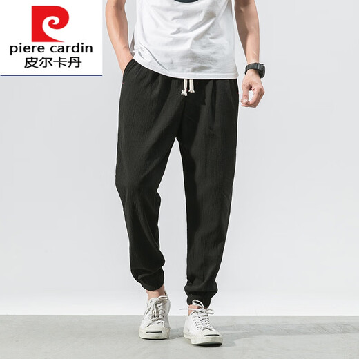Pierre cardin 2025 summer Chinese style retro cotton linen men's casual pants for men's solid color plus fat loose linen small feet knitted gray M