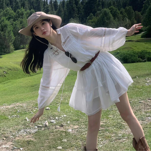 
Jincheng French white long-sleeved dress for women early spring 2025 new small Northwest Xinjiang travel and vacation skirt white S547W M [45/55kg]