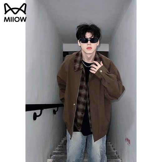 Cat Man Jacket Men's Autumn and Winter Maillard Wear Fake Two-Piece Plaid Plus Velvet Thickened Large Size Jacket Lapel Baseball Clothing 1802 Brown XL (Recommended 140-160 Jin Jin equals 0.5 kg)