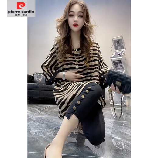 皮尔卡丹（pierre cardin）【701人收藏】不规则条纹短袖t恤女2025夏季宽松中长款感圆领小众 图片色 中长款宽松版单件上衣 L 120-135斤