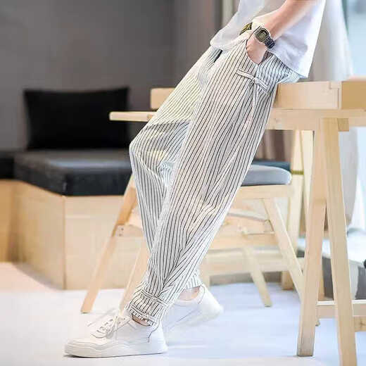 Kurashi Ichiki Kazuki Kuraishi Trendy Marke Leichte Luxus gestreifte Leinenhosen Männer 2024 Sommer Dünn Ice Seide Cropped Hosen lässige Harem Hosen Hosen Herrenkleidung grau xl