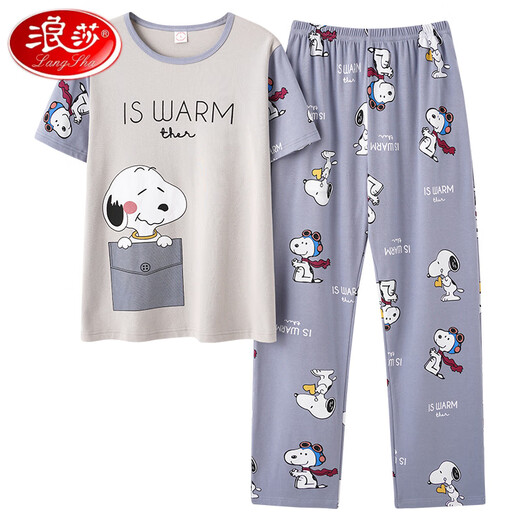 LangSha (LangSha) high-end couple pajamas short-sleeved trousers pure cotton men's youth home clothes for girls Korean version cartoon large-size loose suit white short-sleeved trousers-Q3519 White Chinchilla XL women [120-130Jin [Jin equals 0.5 kg]]